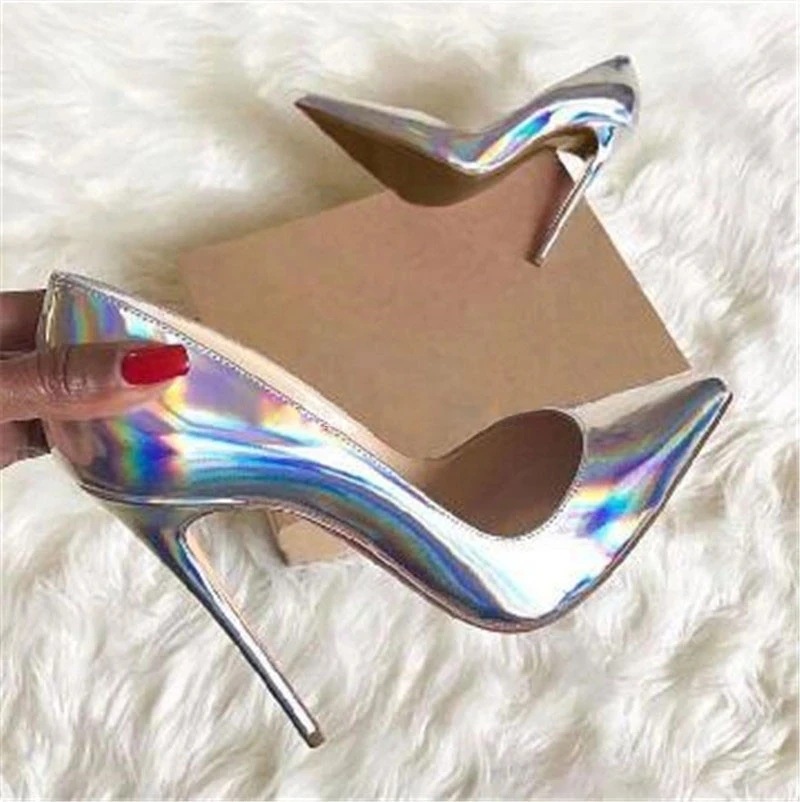 Women Slip On Fashion Evening Prom Shoes 12Cm High Heel Shiny Leather Shoes Size - Picture 17 of 17