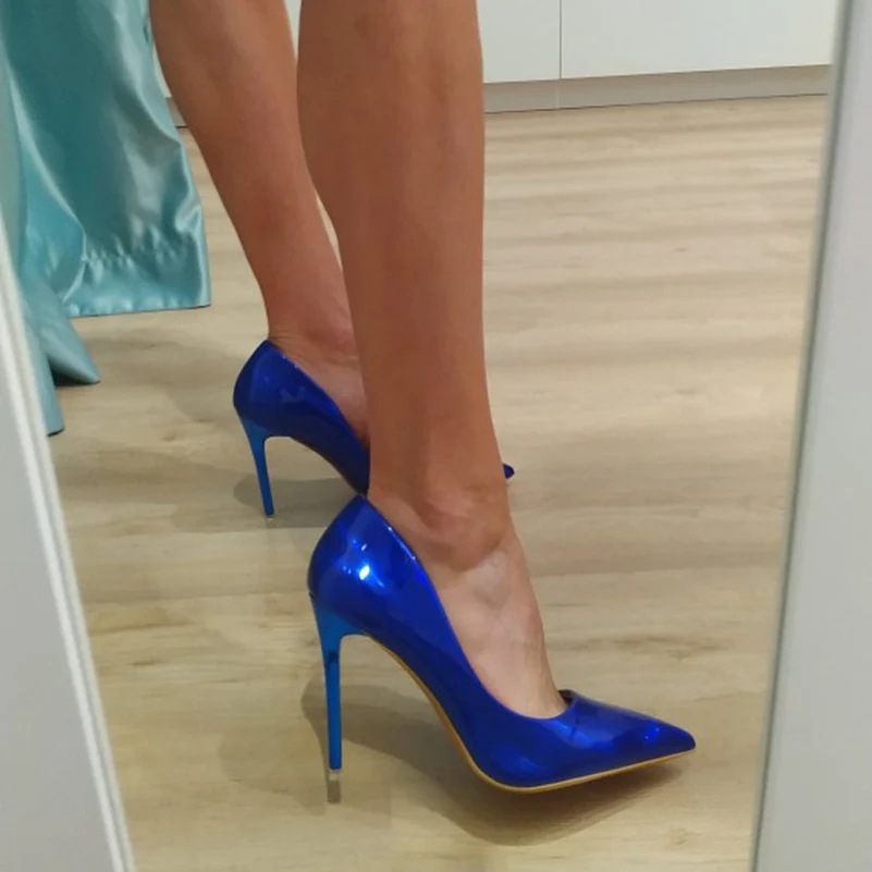 Women Slip On Fashion Evening Prom Shoes 12Cm High Heel Shiny Leather Shoes Size - Picture 16 of 17