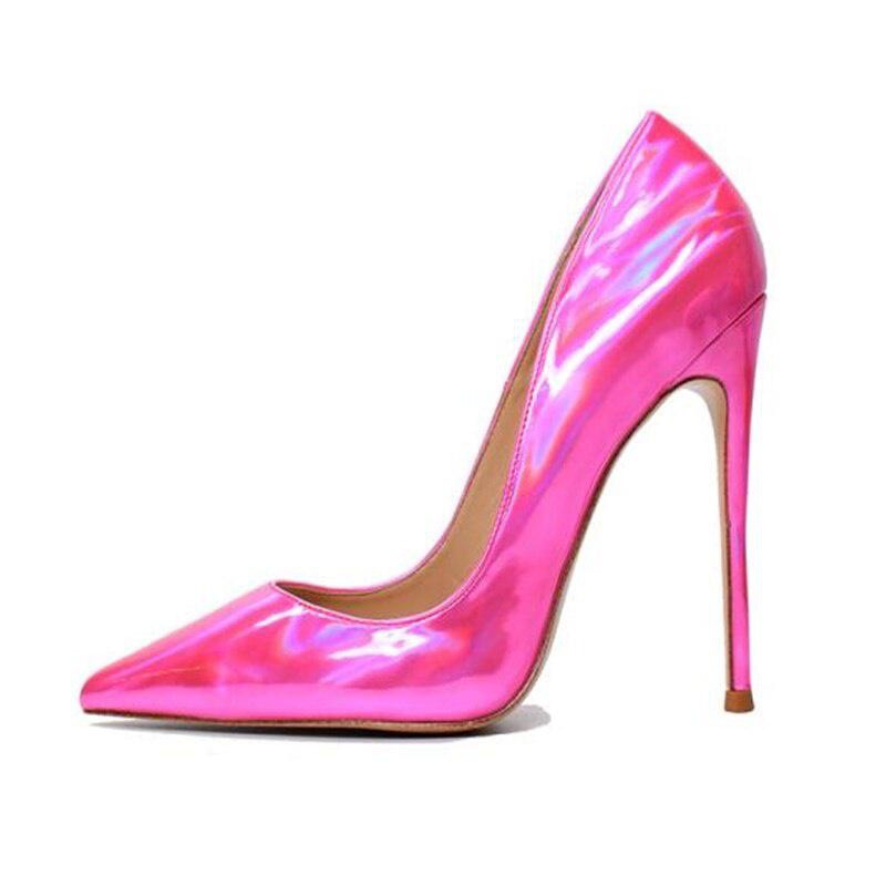 Women Slip On Fashion Evening Prom Shoes 12Cm High Heel Shiny Leather Shoes Size - Picture 15 of 17