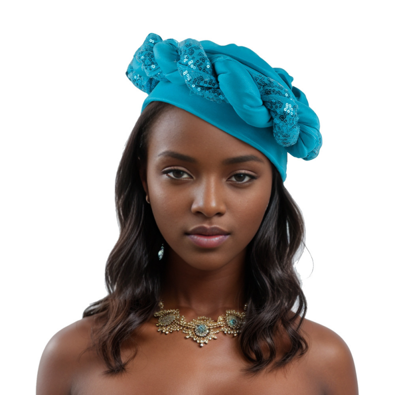 African Women Sequins Turban Hijab Braid Hat Glitter Head Wrap Bonnet Chemo Cap - Picture 16 of 26
