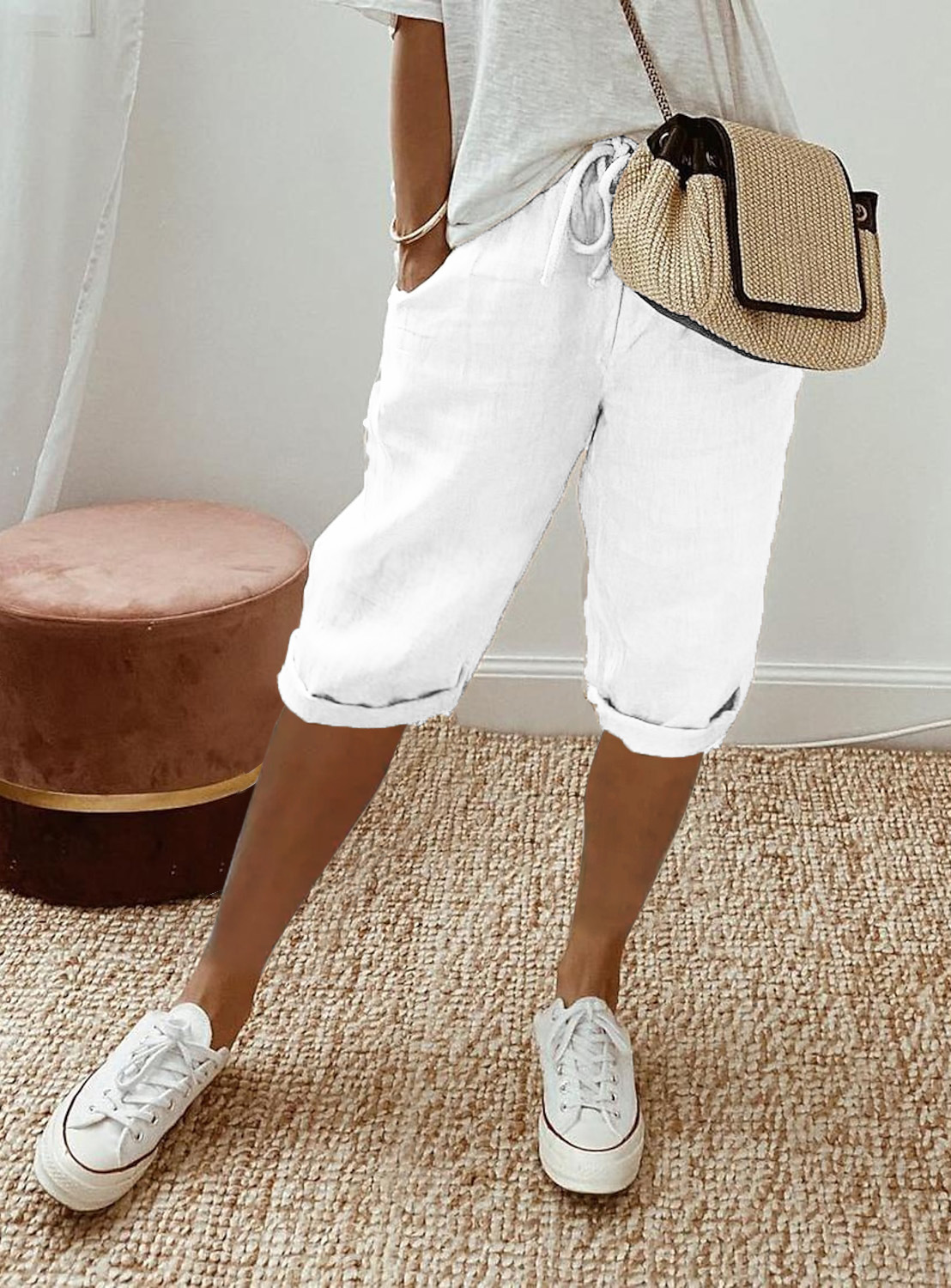 New Womens Bermuda Casual Cotton Elastic Waist Drawstring Knee Length Shorts