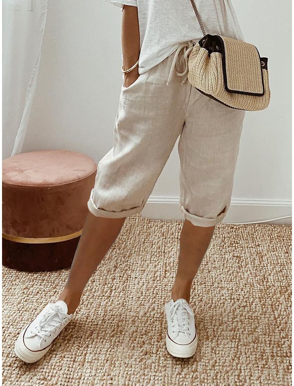 New Womens Bermuda Casual Cotton Elastic Waist Drawstring Knee Length Shorts - Picture 4 of 15