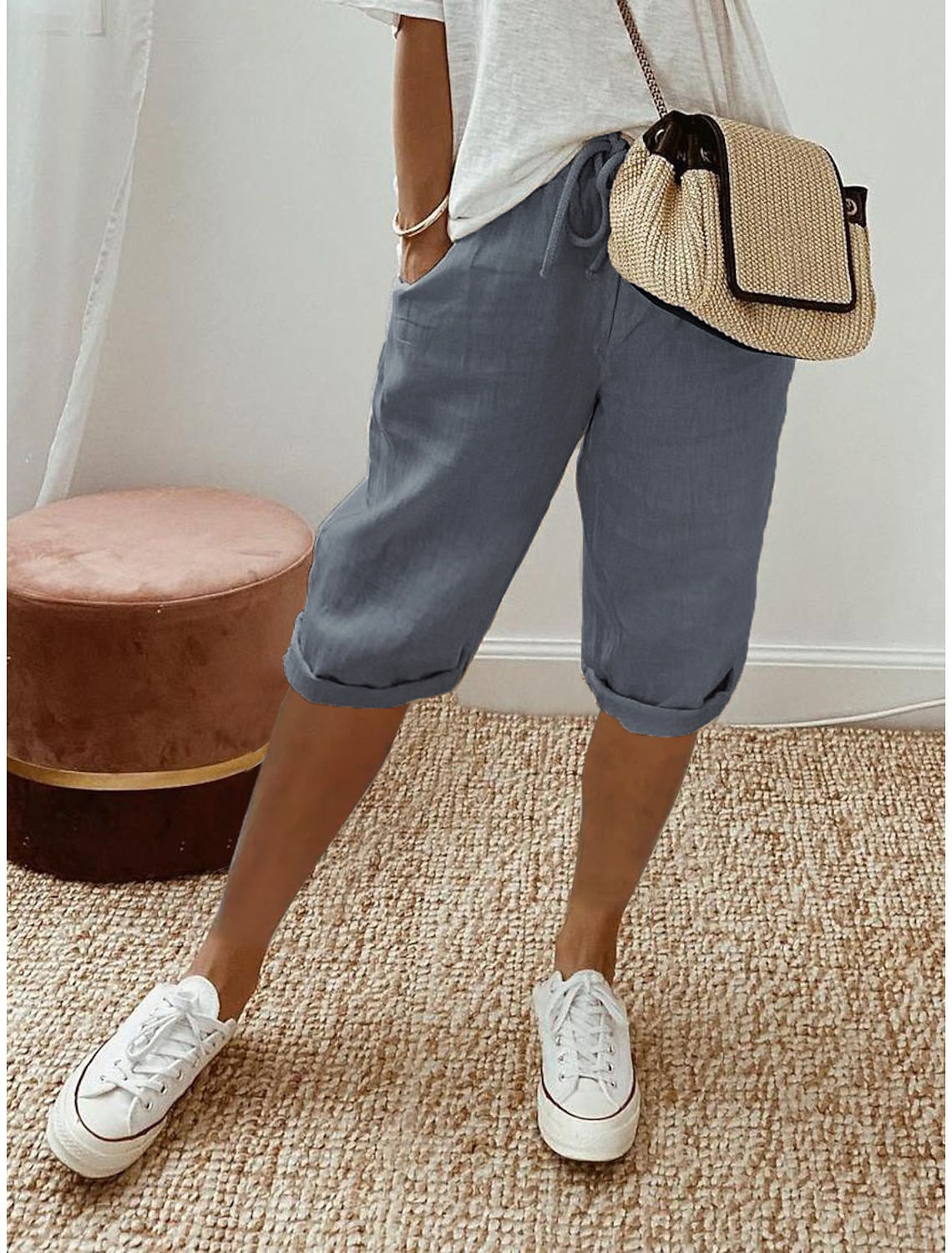 New Womens Bermuda Casual Cotton Elastic Waist Drawstring Knee Length Shorts - Picture 6 of 15