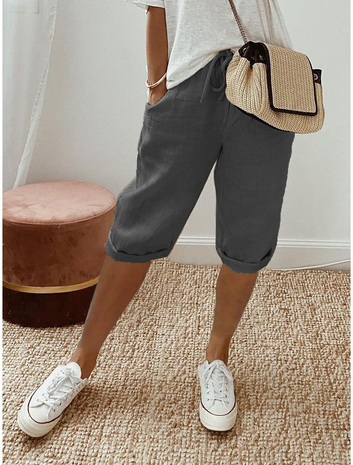 New Womens Bermuda Casual Cotton Elastic Waist Drawstring Knee Length Shorts - Picture 11 of 15