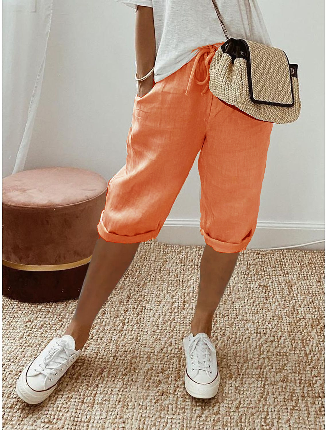 New Womens Bermuda Casual Cotton Elastic Waist Drawstring Knee Length Shorts
