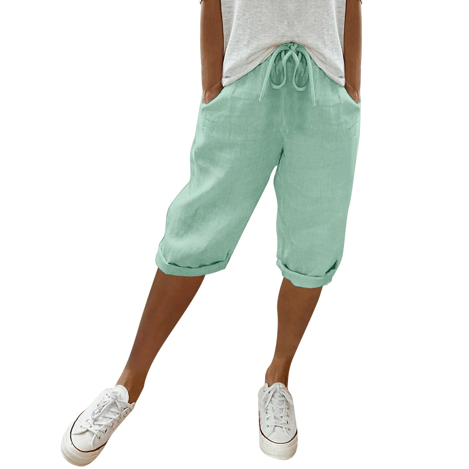 New Womens Bermuda Casual Cotton Elastic Waist Drawstring Knee Length Shorts - Picture 13 of 15