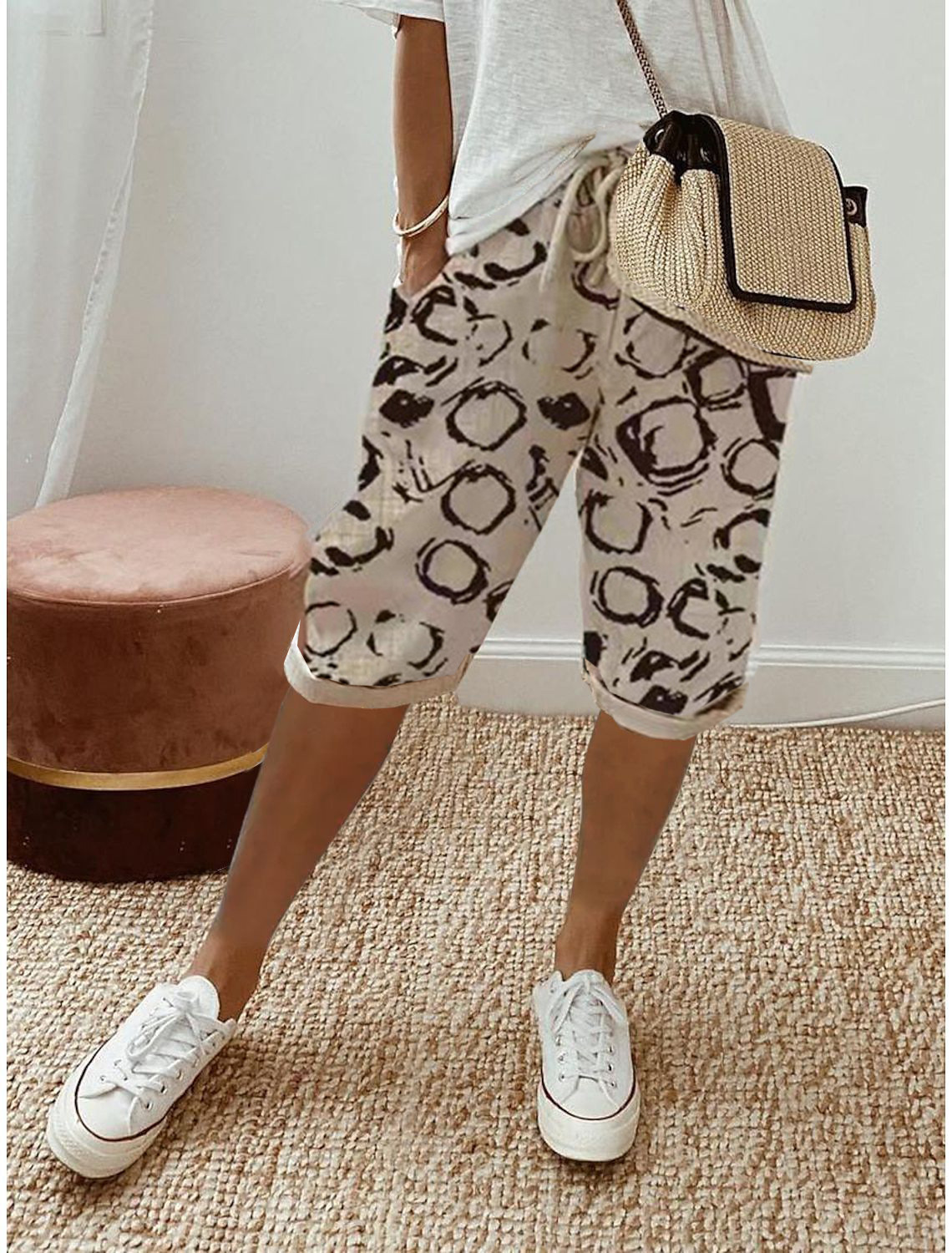 New Womens Bermuda Casual Cotton Elastic Waist Drawstring Knee Length Shorts - Picture 15 of 15