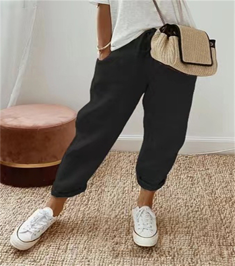 Women Cotton Linen Loose Trousers Straight Leg Casual Elastic Waist Pants - Picture 7 of 15