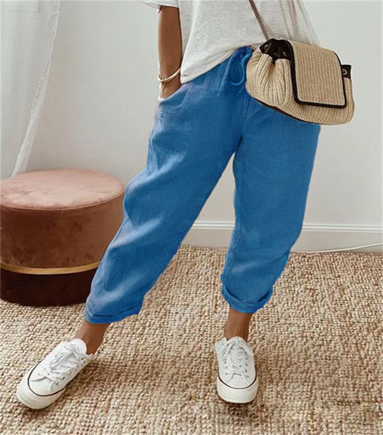 Women Cotton Linen Loose Trousers Straight Leg Casual Elastic Waist Pants - Picture 8 of 15