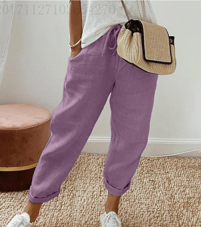 Women Cotton Linen Loose Trousers Straight Leg Casual Elastic Waist Pants - Picture 9 of 15