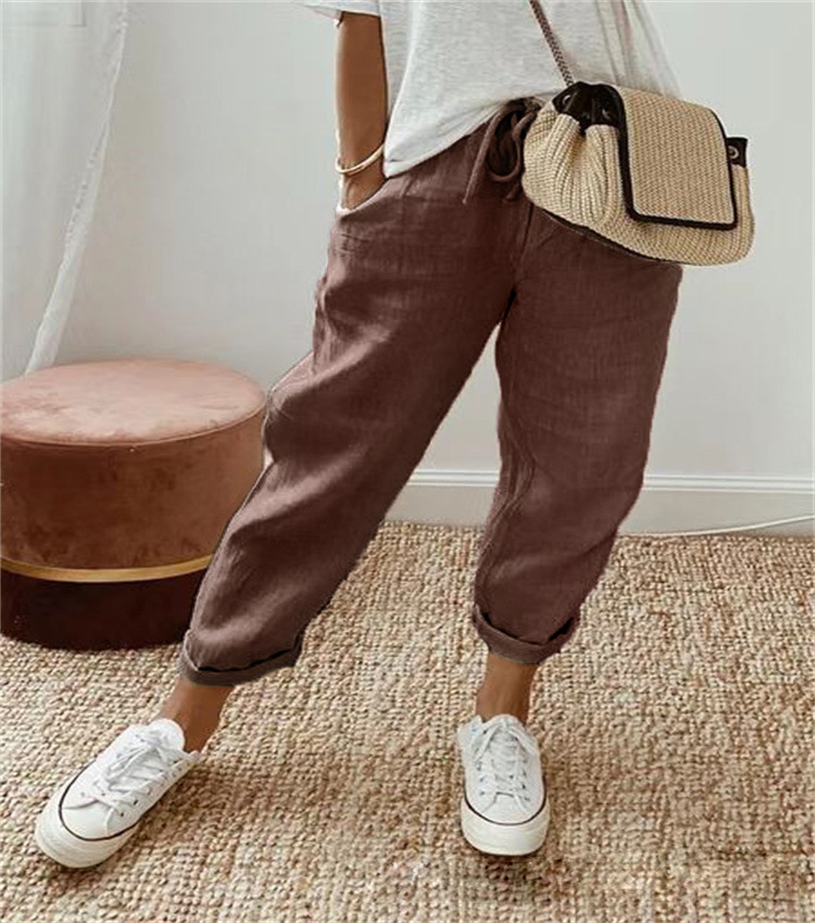 Women Cotton Linen Loose Trousers Straight Leg Casual Elastic Waist Pants - Picture 10 of 15