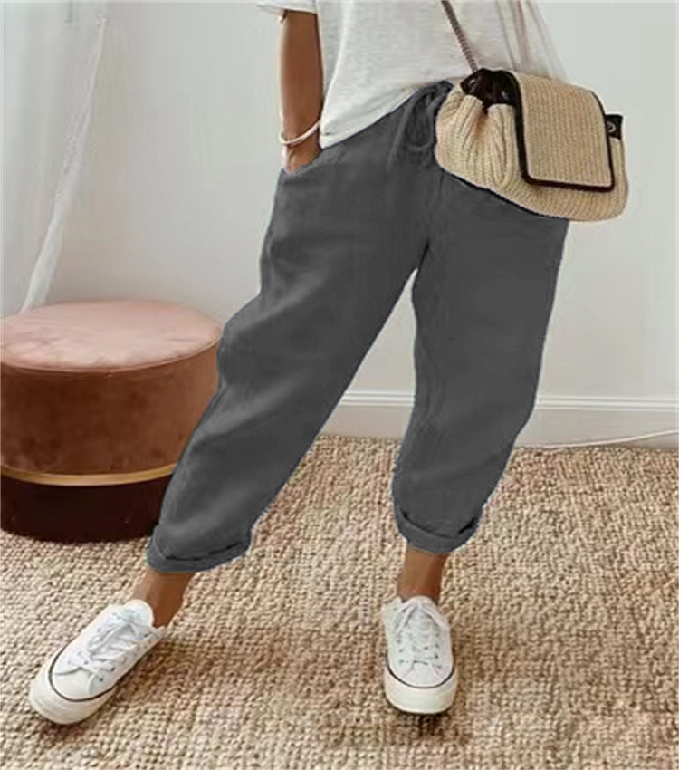 Women Cotton Linen Loose Trousers Straight Leg Casual Elastic Waist Pants - Picture 11 of 15