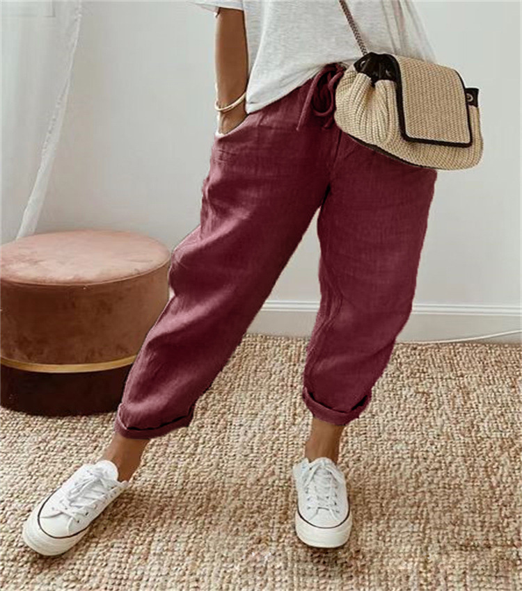 Women Cotton Linen Loose Trousers Straight Leg Casual Elastic Waist Pants - Picture 12 of 15