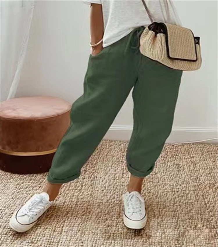 Women Cotton Linen Loose Trousers Straight Leg Casual Elastic Waist Pants - Picture 13 of 15