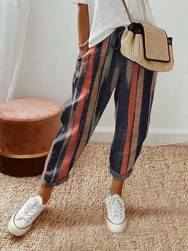 Women Cotton Linen Loose Trousers Straight Leg Casual Elastic Waist Pants - Picture 14 of 15
