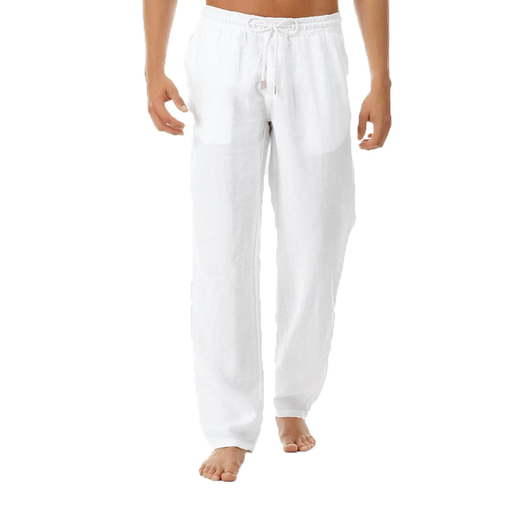 Mens Drawstring Casual Linen Baggy Pants Loose Straight Beach Long Trousers