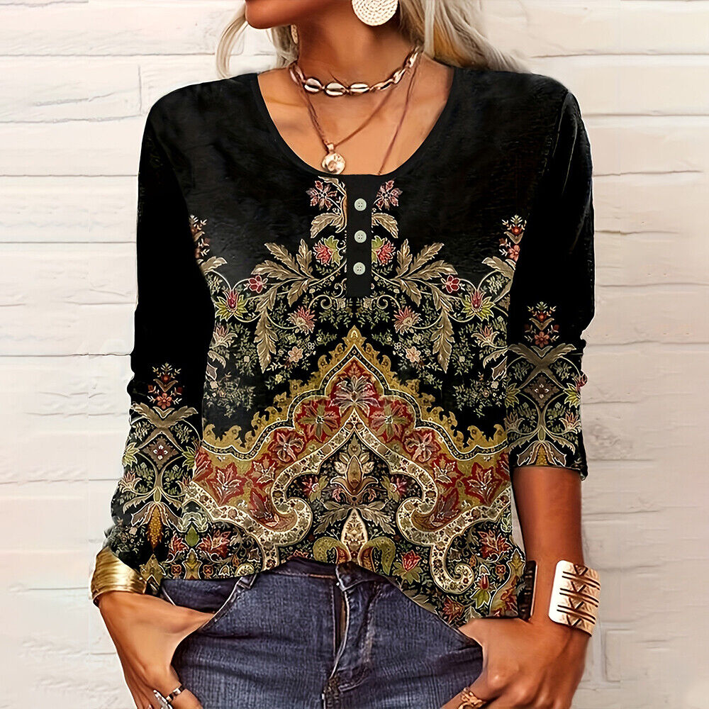 Women Ladies Floral Boho Tops Long Sleeve Shirt SLoose Blouse Comfy Plus Size UK - Picture 25 of 31
