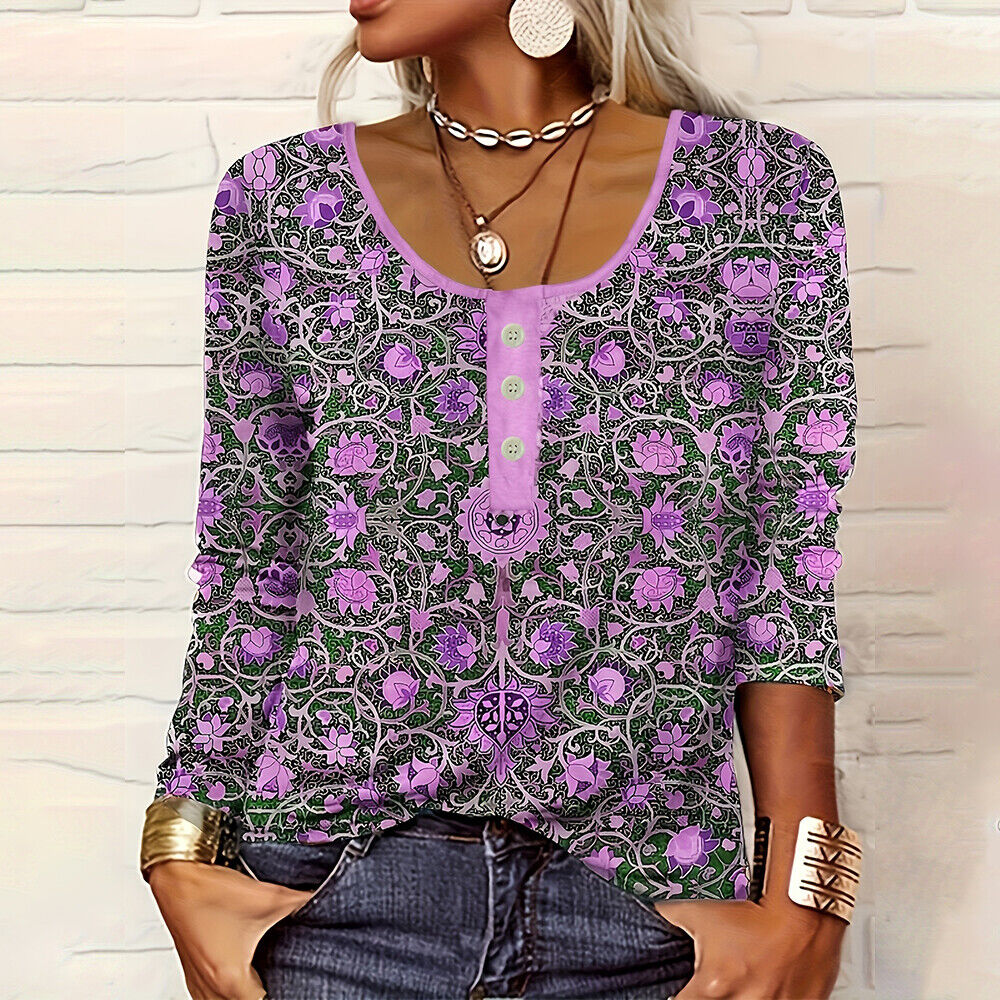 Women Ladies Floral Boho Tops Long Sleeve Shirt SLoose Blouse Comfy Plus Size UK - Picture 29 of 31