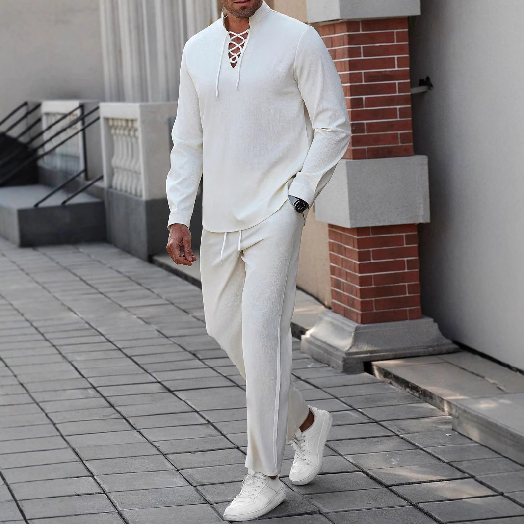 Men's Long Sleeved Cotton Linen Henry Shirt + Pants Casual Lace-up Beach Suits - Picture 12 of 12
