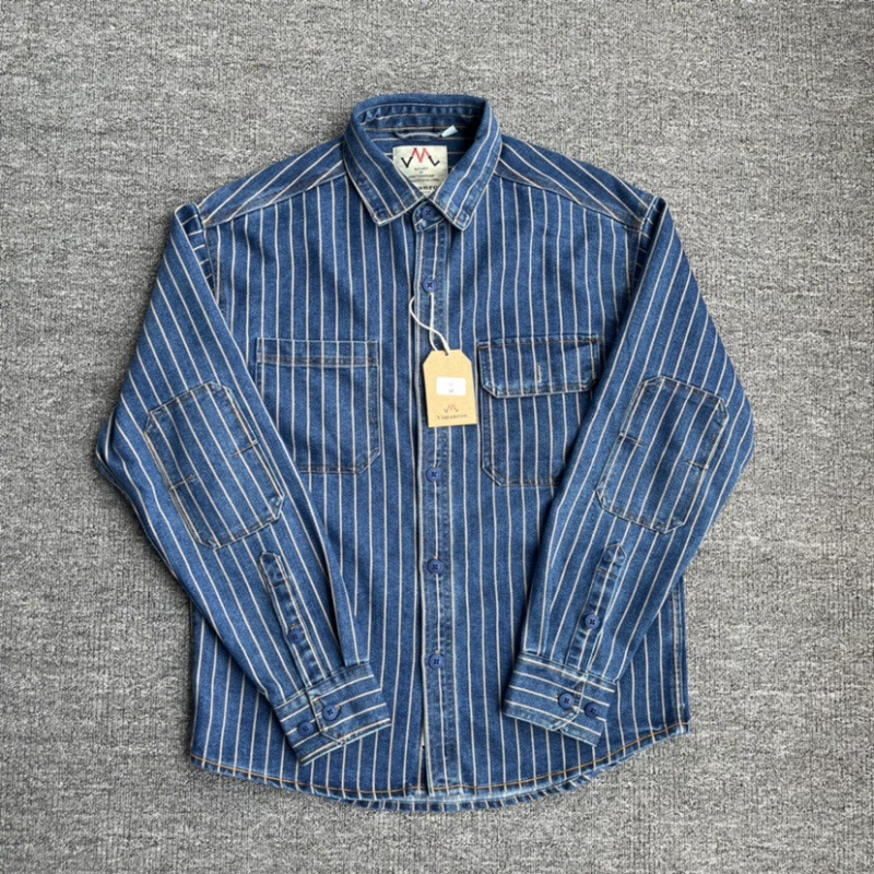 Camisa Denim Lavada Vertical Rayas Para Hombres Suelta Algodón Manga Larga Camisa Chaqueta - Imagen 16 de 24
