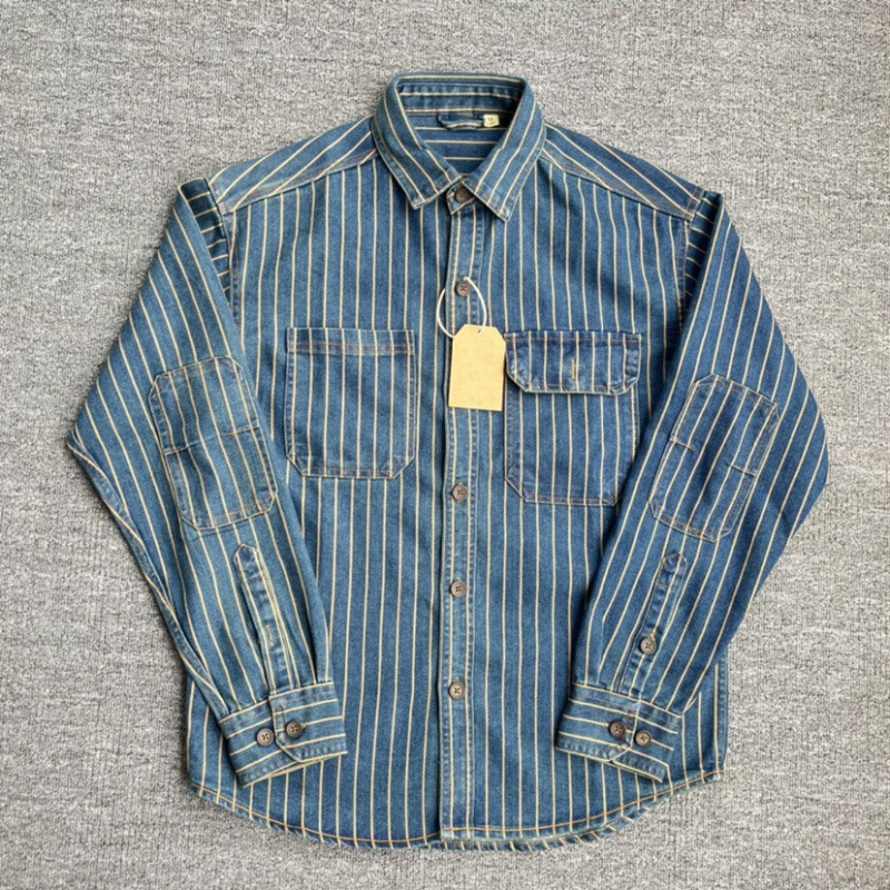 Camisa Denim Lavada Vertical Rayas Para Hombres Suelta Algodón Manga Larga Camisa Chaqueta - Imagen 17 de 24