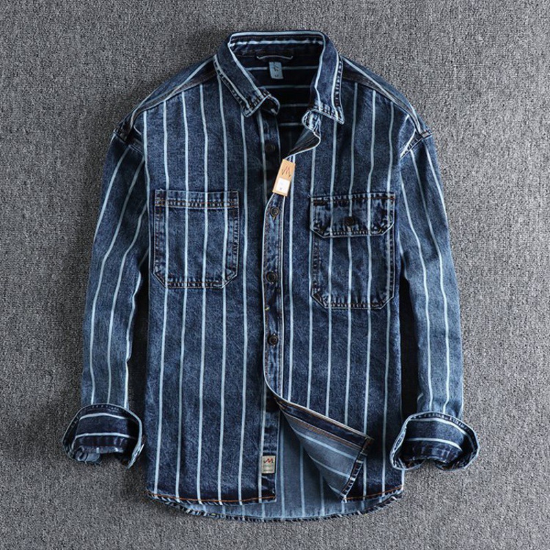 Camisa Denim Lavada Vertical Rayas Para Hombres Suelta Algodón Manga Larga Camisa Chaqueta - Imagen 18 de 24