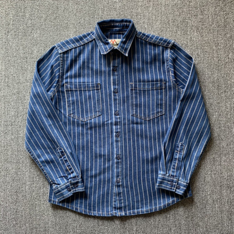 Camisa Denim Lavada Vertical Rayas Para Hombres Suelta Algodón Manga Larga Camisa Chaqueta - Imagen 19 de 24