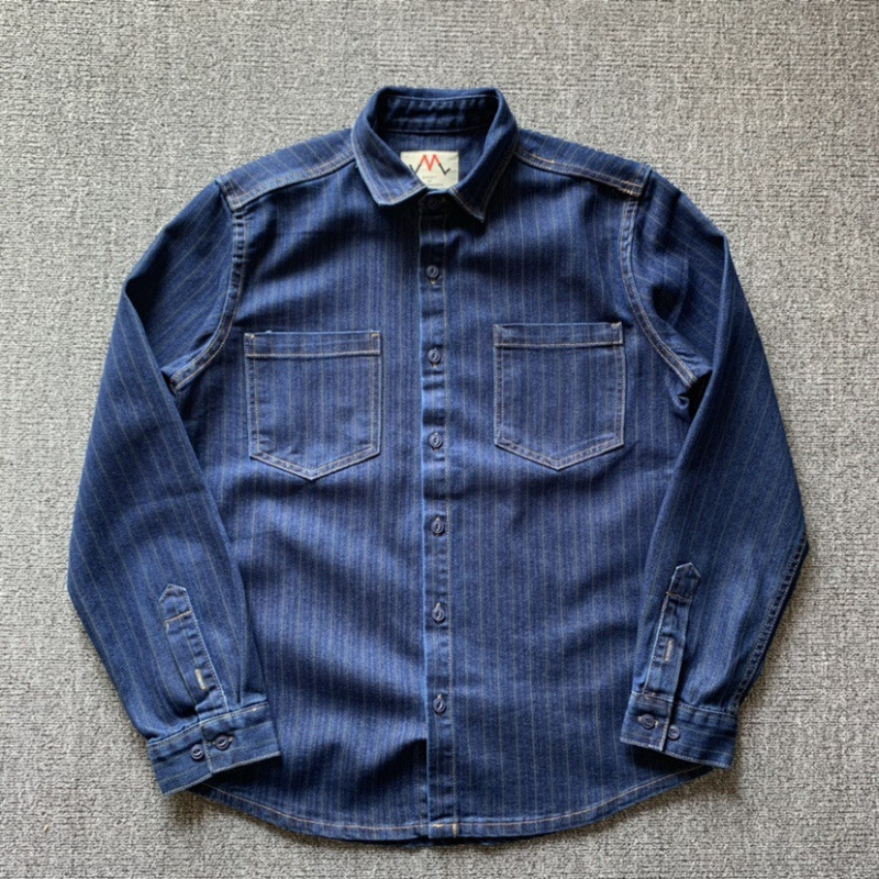 Camisa Denim Lavada Vertical Rayas Para Hombres Suelta Algodón Manga Larga Camisa Chaqueta - Imagen 20 de 24
