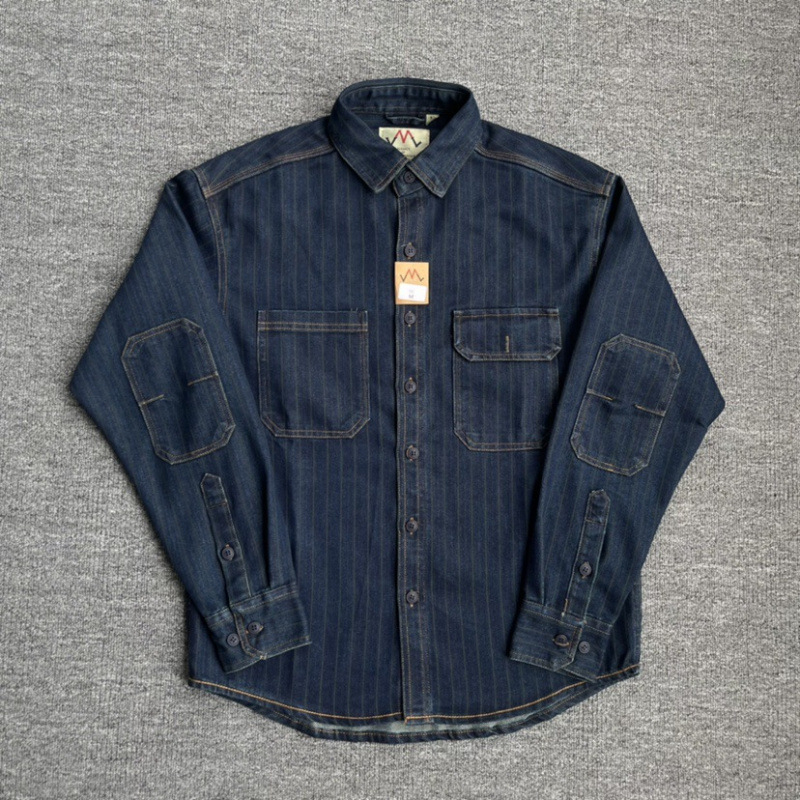 Camisa Denim Lavada Vertical Rayas Para Hombres Suelta Algodón Manga Larga Camisa Chaqueta - Imagen 21 de 24