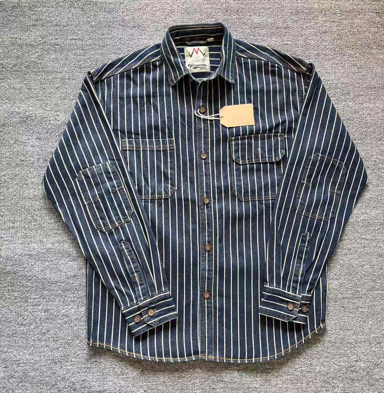 Camisa Denim Lavada Vertical Rayas Para Hombres Suelta Algodón Manga Larga Camisa Chaqueta - Imagen 22 de 24