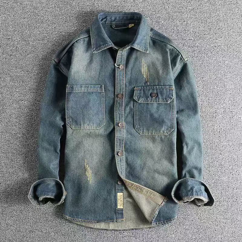Camisa Denim Lavada Vertical Rayas Para Hombres Suelta Algodón Manga Larga Camisa Chaqueta - Imagen 23 de 24
