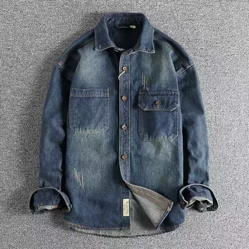 Camisa Denim Lavada Vertical Rayas Para Hombres Suelta Algodón Manga Larga Camisa Chaqueta - Imagen 24 de 24