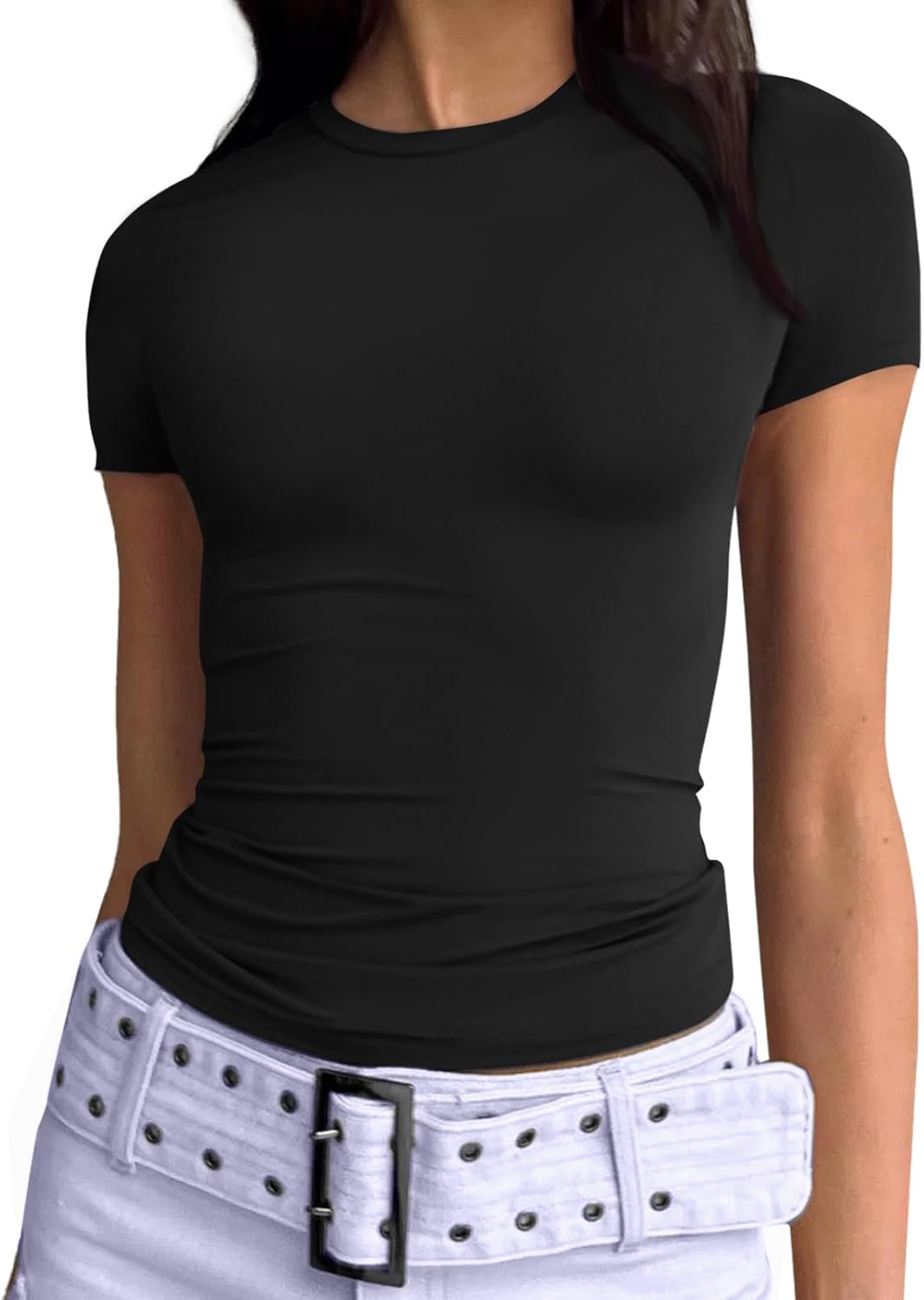 Womens Basic T Shirts Summer Scoop Neck Short Sleeve Crop Tops Slim Fit Y2k Tees - Picture 18 of 105