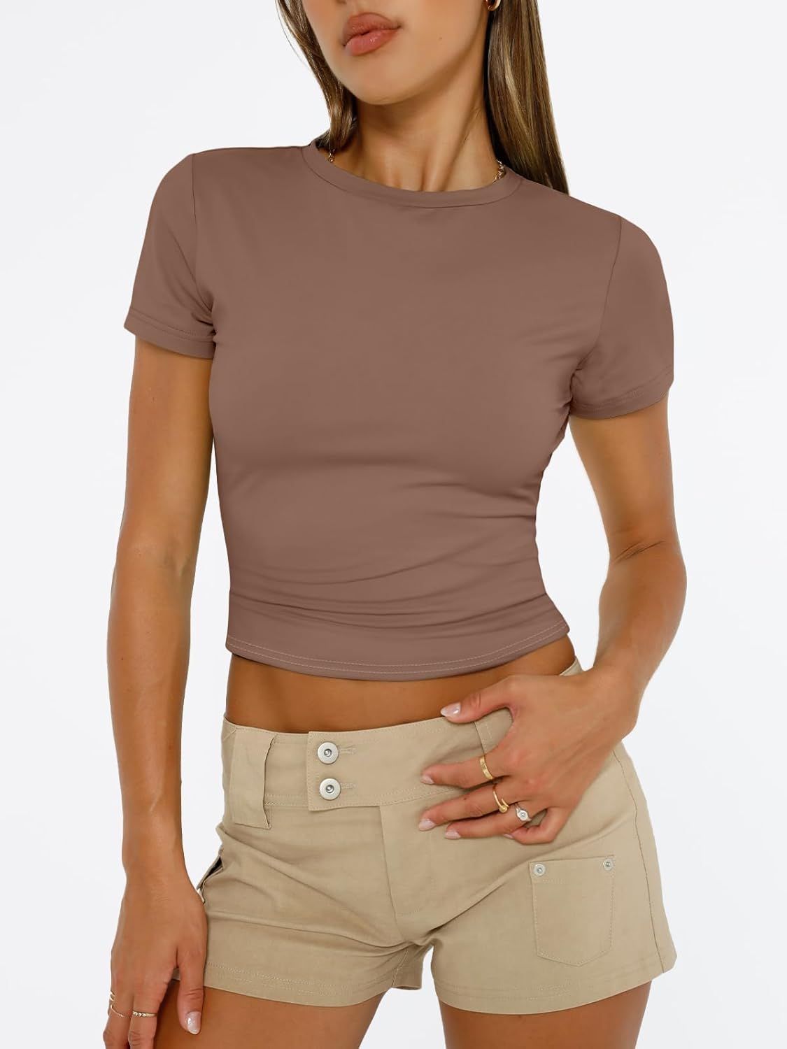 Womens Basic T Shirts Summer Scoop Neck Short Sleeve Crop Tops Slim Fit Y2k Tees - Picture 33 of 105