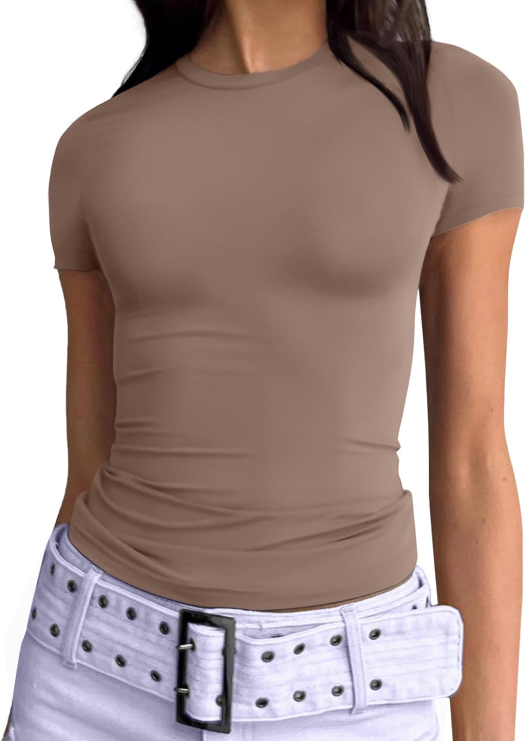 Womens Basic T Shirts Summer Scoop Neck Short Sleeve Crop Tops Slim Fit Y2k Tees - Picture 37 of 105