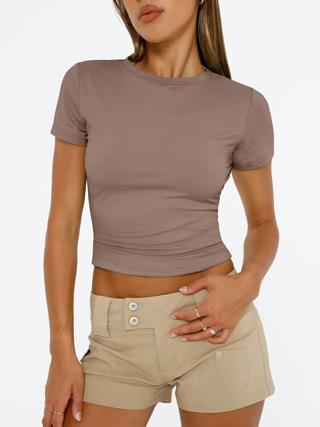 Womens Basic T Shirts Summer Scoop Neck Short Sleeve Crop Tops Slim Fit Y2k Tees - Picture 38 of 105