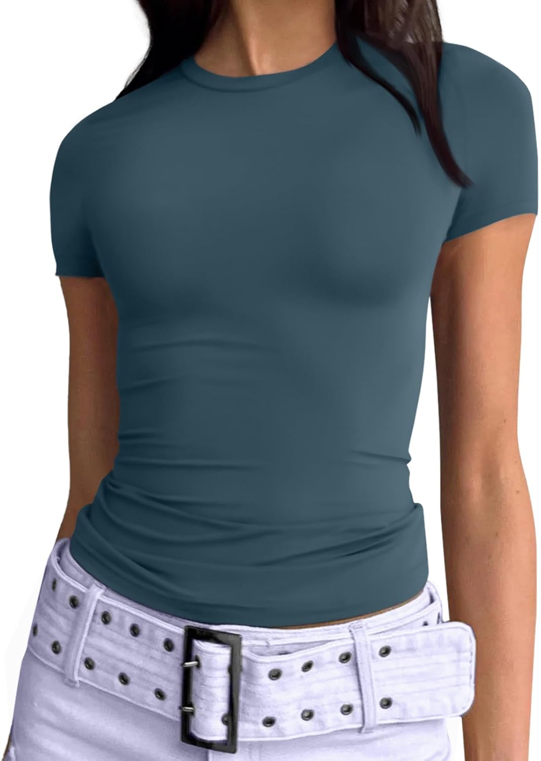 Womens Basic T Shirts Summer Scoop Neck Short Sleeve Crop Tops Slim Fit Y2k Tees - Picture 45 of 105