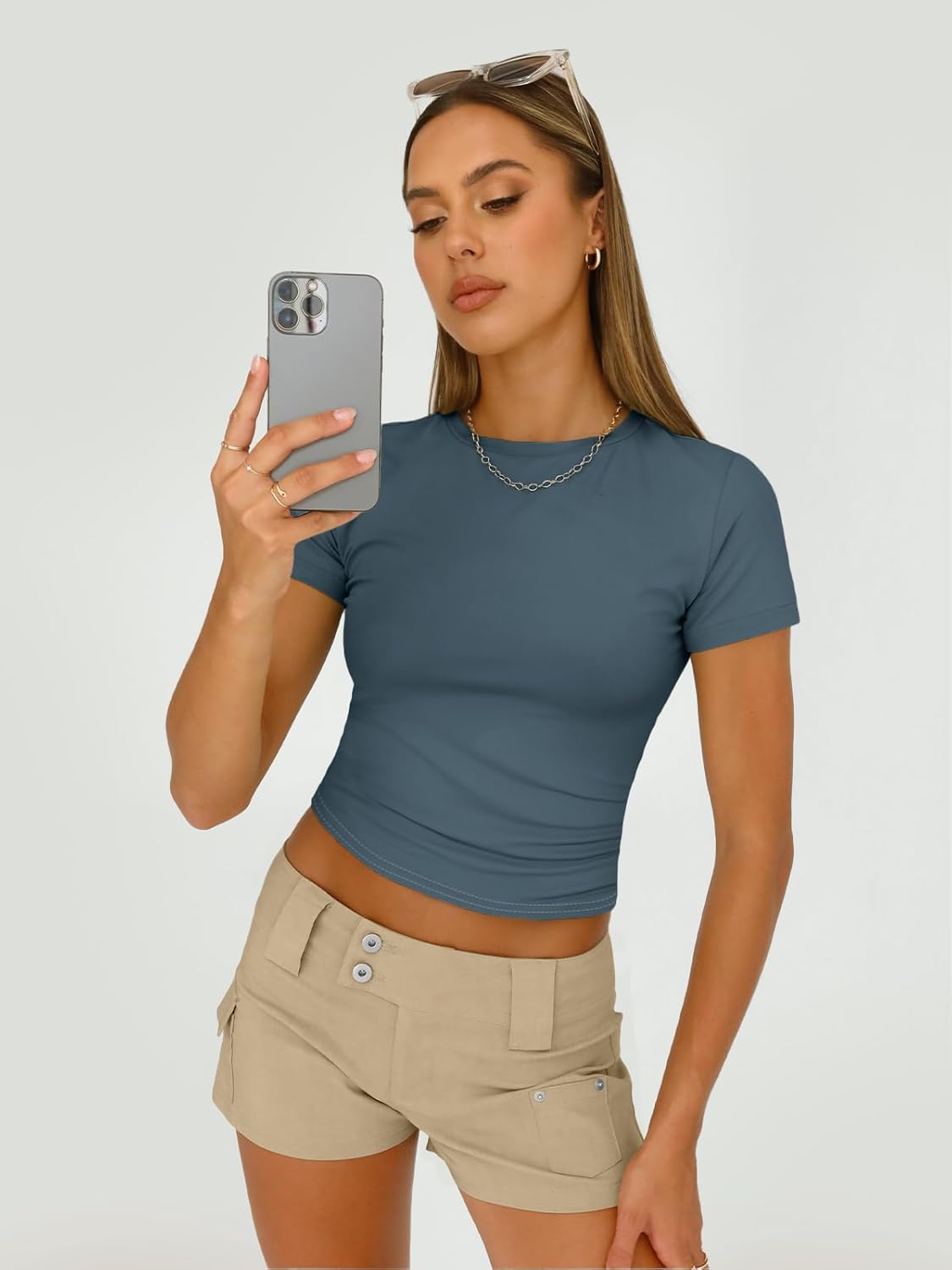 Womens Basic T Shirts Summer Scoop Neck Short Sleeve Crop Tops Slim Fit Y2k Tees - Picture 50 of 105
