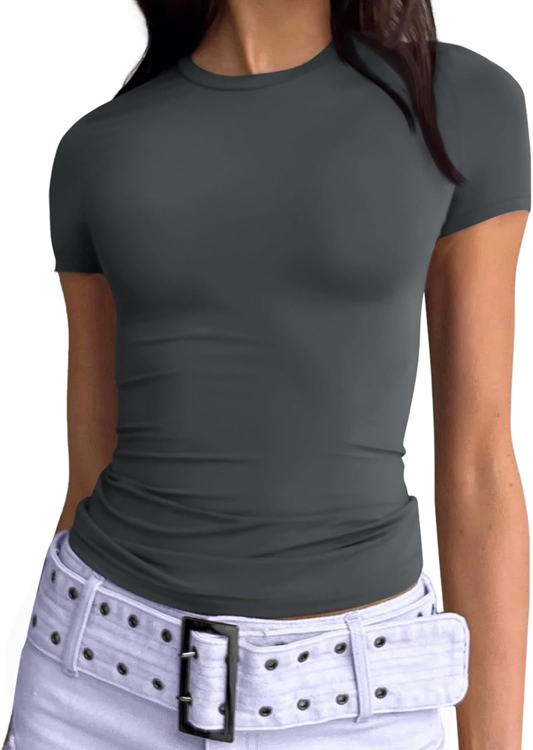 Womens Basic T Shirts Summer Scoop Neck Short Sleeve Crop Tops Slim Fit Y2k Tees - Picture 57 of 105