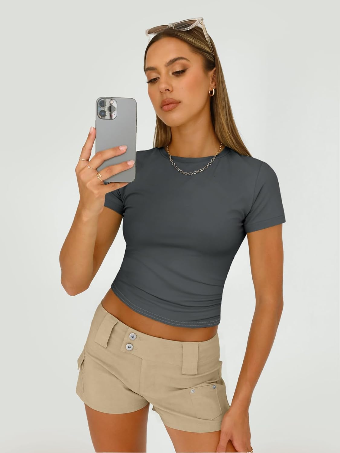 Womens Basic T Shirts Summer Scoop Neck Short Sleeve Crop Tops Slim Fit Y2k Tees - Picture 62 of 105