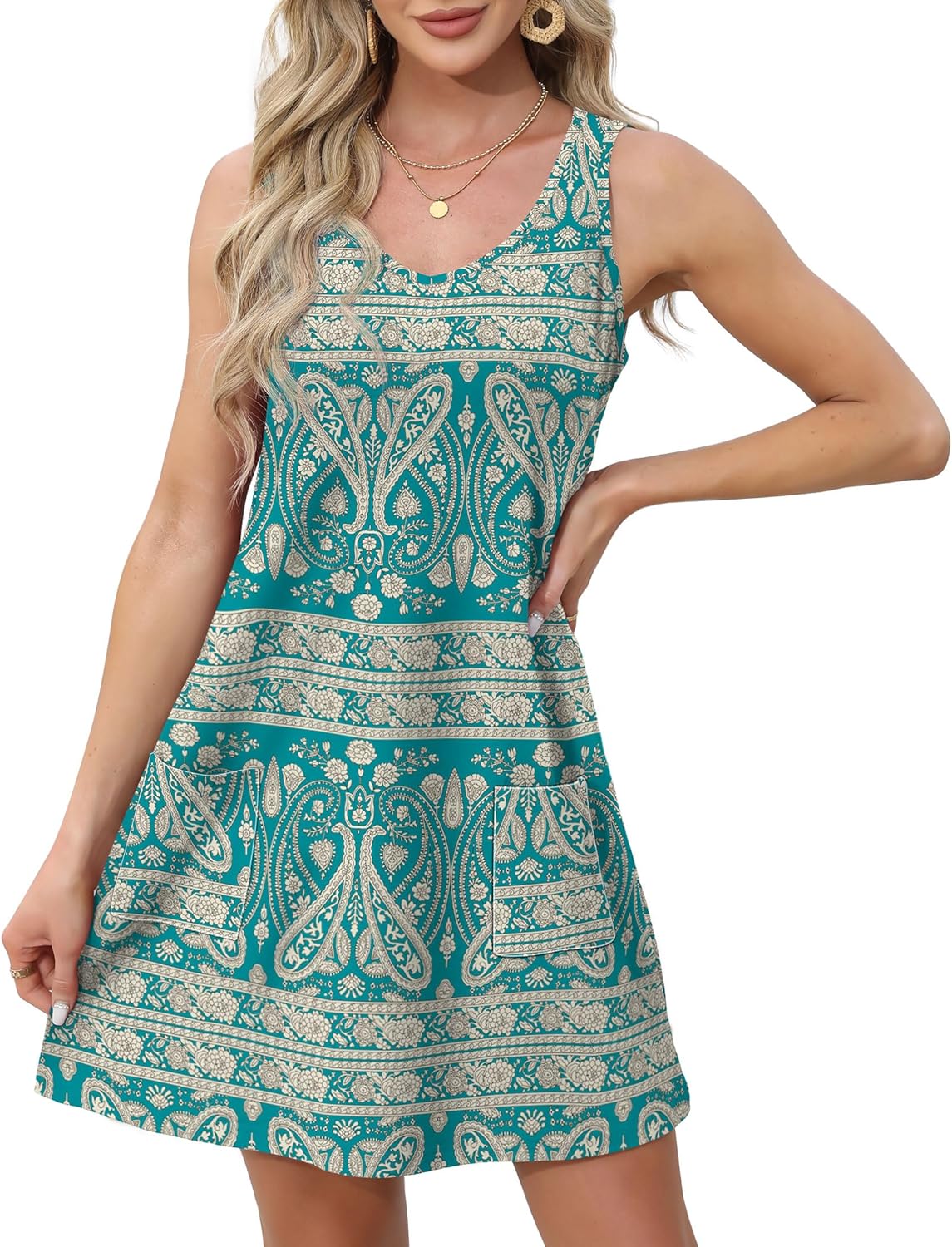Womens Summer Dresses Loose V Neck Sleeveless Sundresses Swimsuit with Pockets - Picture 25 of 194