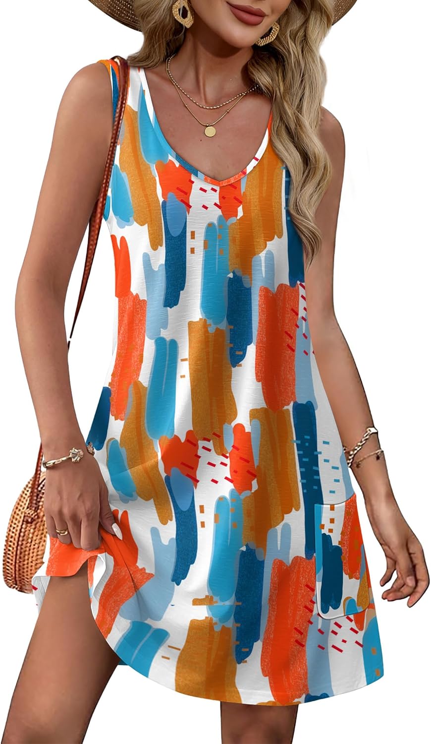 Womens Summer Dresses Loose V Neck Sleeveless Sundresses Swimsuit with Pockets - Picture 32 of 194