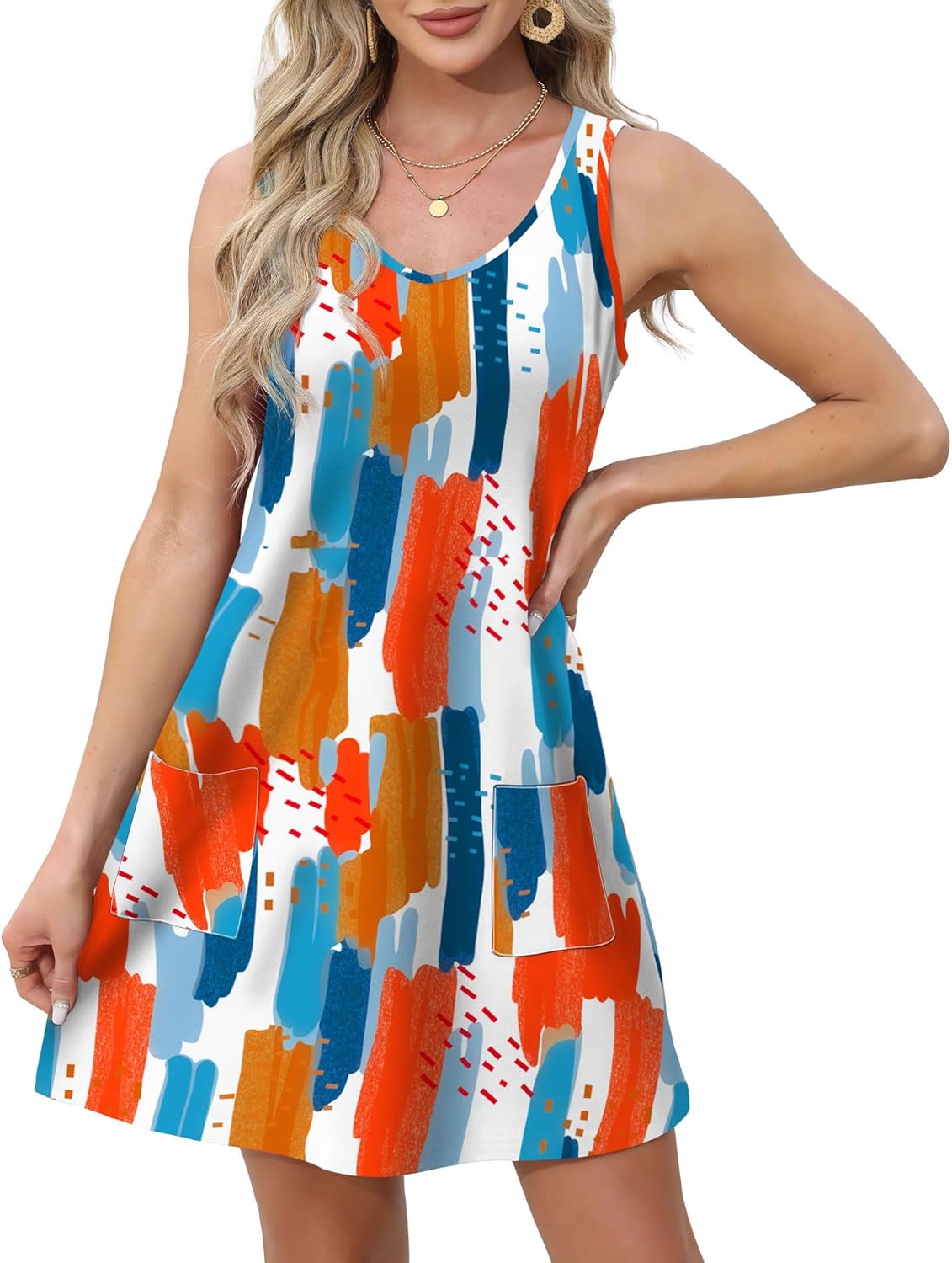 Womens Summer Dresses Loose V Neck Sleeveless Sundresses Swimsuit with Pockets - Picture 34 of 194