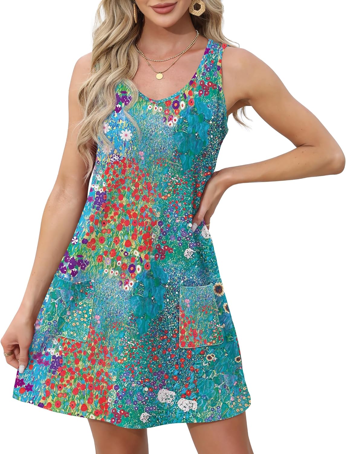 Womens Summer Dresses Loose V Neck Sleeveless Sundresses Swimsuit with Pockets - Picture 43 of 194