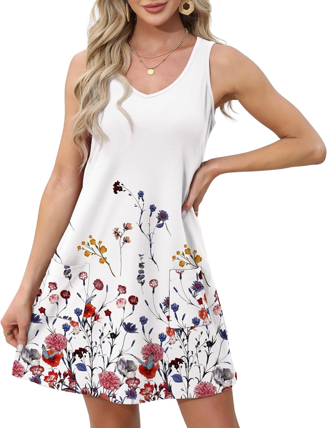 Womens Summer Dresses Loose V Neck Sleeveless Sundresses Swimsuit with Pockets - Picture 47 of 194
