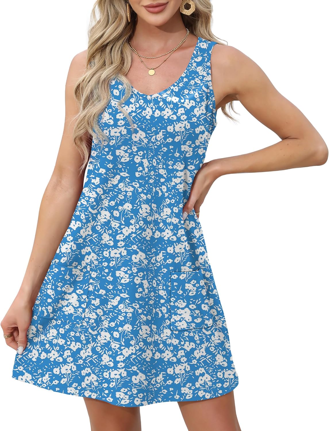 Womens Summer Dresses Loose V Neck Sleeveless Sundresses Swimsuit with Pockets - Picture 51 of 194