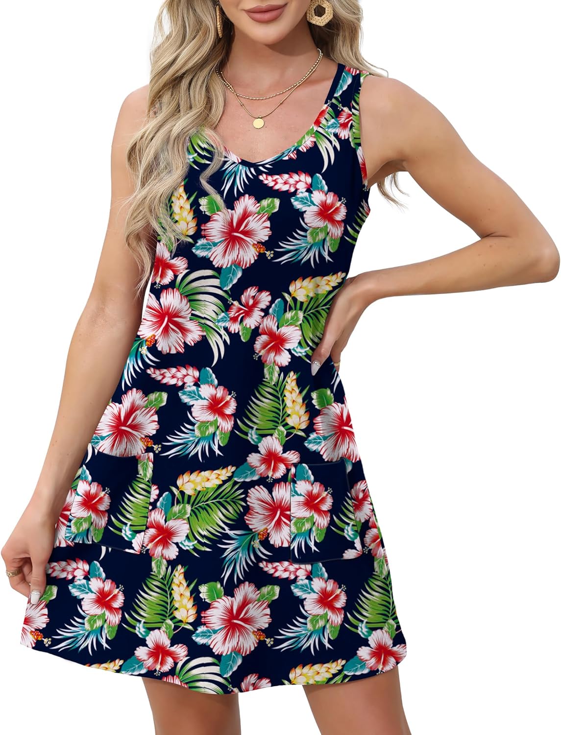 Womens Summer Dresses Loose V Neck Sleeveless Sundresses Swimsuit with Pockets - Picture 59 of 194