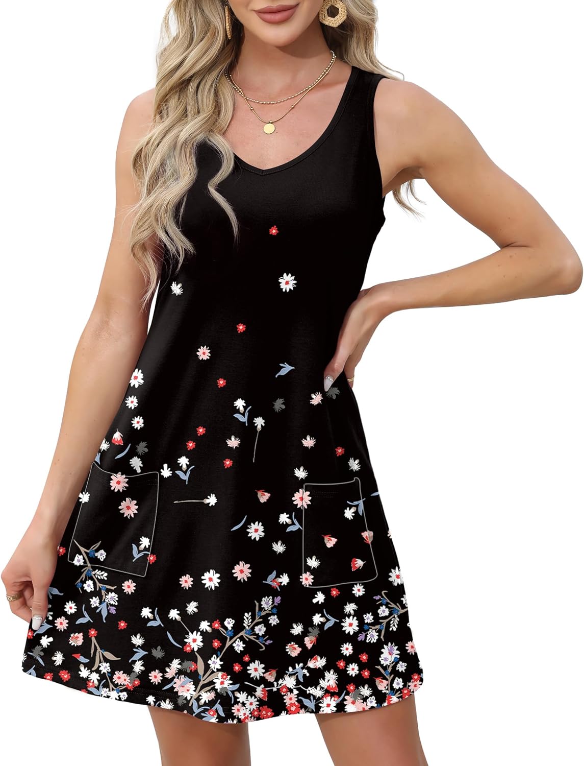Womens Summer Dresses Loose V Neck Sleeveless Sundresses Swimsuit with Pockets - Picture 67 of 194