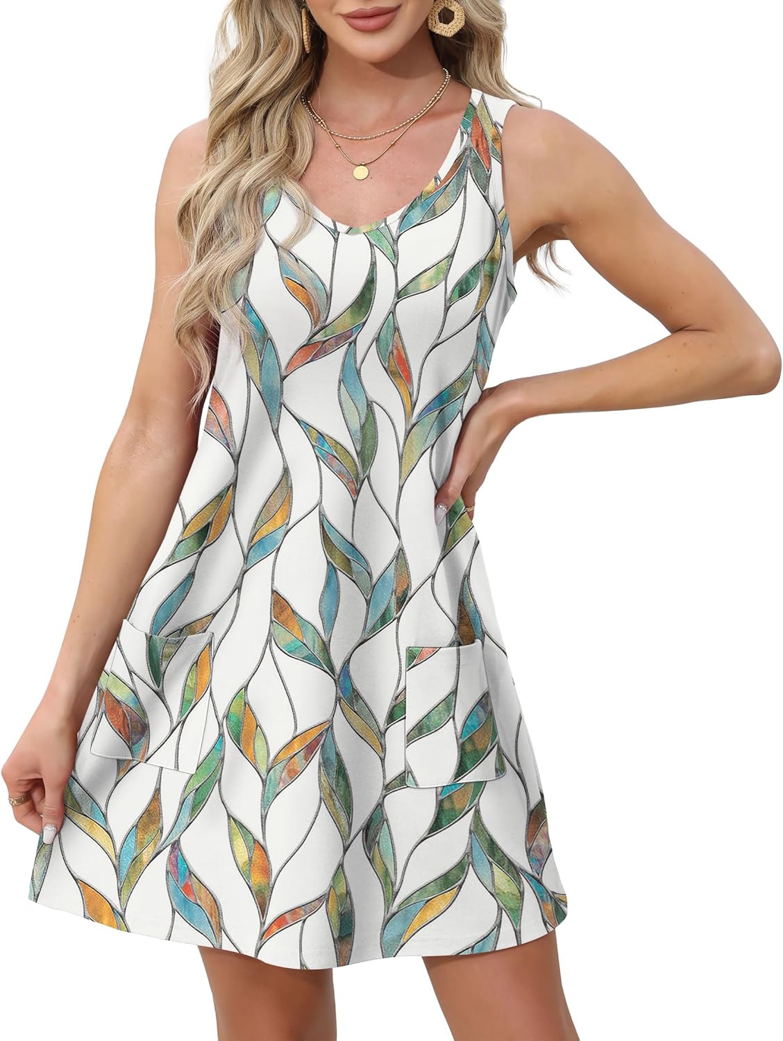 Womens Summer Dresses Loose V Neck Sleeveless Sundresses Swimsuit with Pockets - Picture 79 of 194