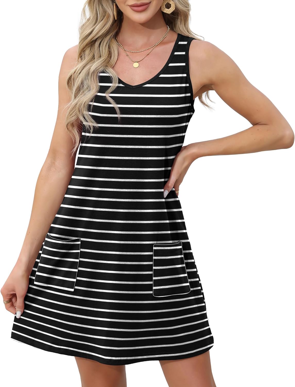 Womens Summer Dresses Loose V Neck Sleeveless Sundresses Swimsuit with Pockets - Picture 84 of 194